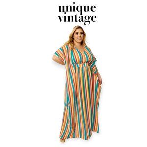 Unique Vintage Rainbow Caftan Dress One Size Travel Resort V Neck Tie Waist